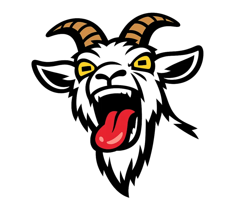 A goat mid-scream, mouth wide open, tongue out